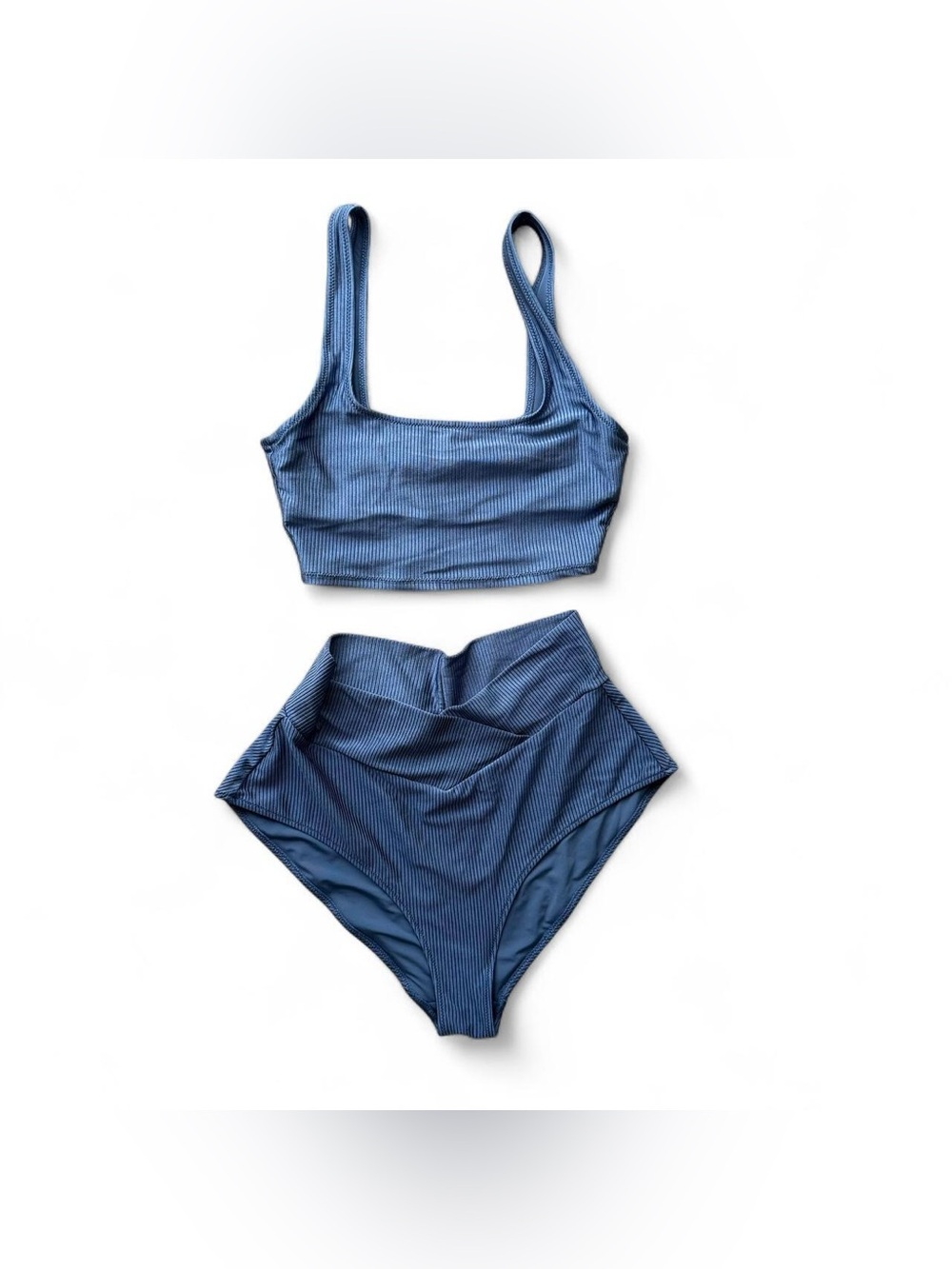 Aerie Women’s Blue Shiny Ribbed Bikini Top and High Waisted Bottoms Size S & L